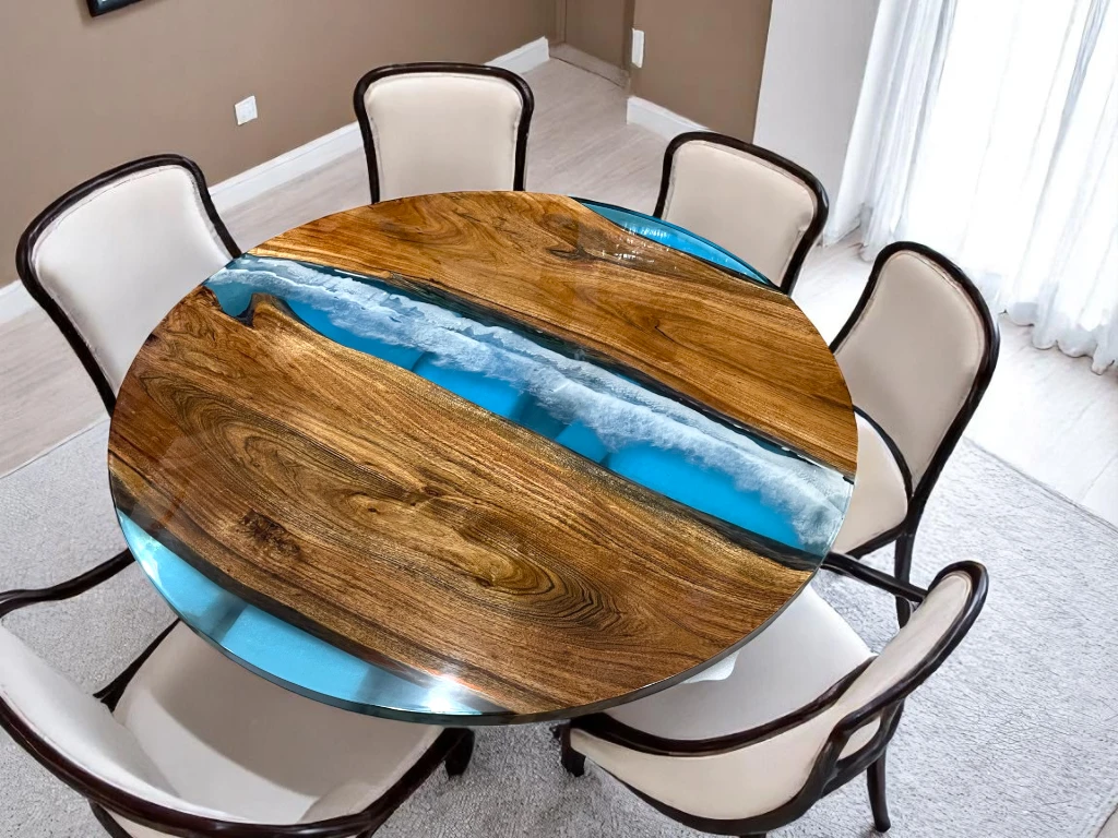 Blue Round Epoxy Ocean Table – Customizable Design